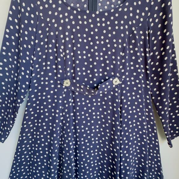 Vintage Betsey Johnson Mini Dress. Navy White Polka Dot Long Sleeve A Line Sz M - Picture 8 of 10